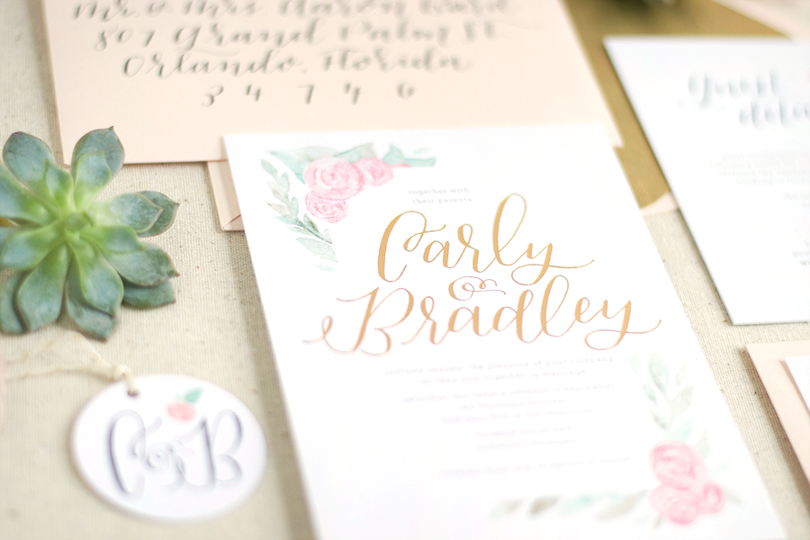 Custom wedding stationery by Paper & Honey / invitation suite featuring gold foil, watercolor florals, and calligraphy on thick cotton paper (www.paperandhoney.com)