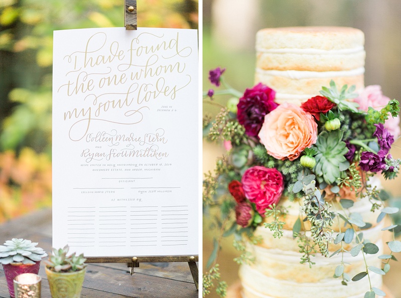 Aubergine woodland styled shoot featured on Style Me Pretty / photography by Sarah Elizabeth Dunn / styling and florals by Kaitlin Parisho Designs / wooden signage & marriage certificate by Paper & Honey / paperandhoney.com