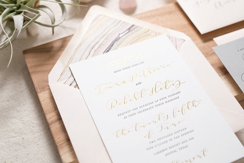 Romantic and modern letterpress and gold foil wedding invitations in blush and grey / Austin Texas event at Lakeway Resort and Spa / custom wedding stationery by Paper & Honey® / www.paperandhoney.com