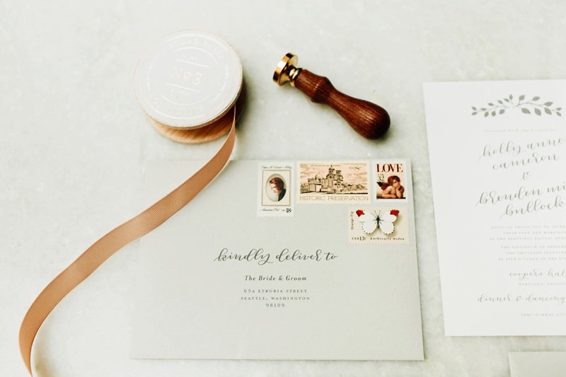 Simple romantic wedding invitations by Paper & Honey® / paperandhoney.com / industrial wedding in Coopers Hall, Portland Oregon / Holly & Brenden / custom letterpress wedding invitations in Michigan / photos by Jenna Bechtholt