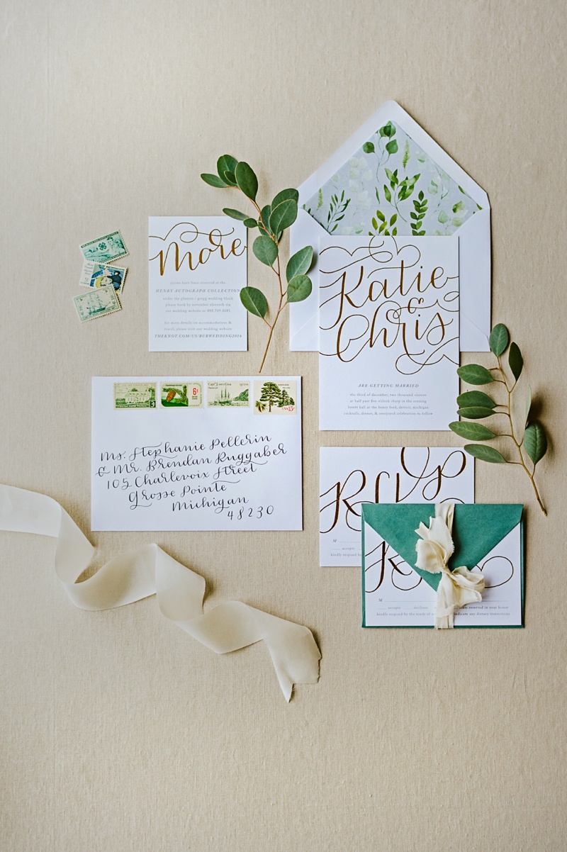 Modern and romantic gold foil and greenery wedding invitation suite / custom wedding invites and stationery / botanical watercolor / winter wedding at Lovett Hall, Henry Ford Museum in Detroit, Michigan / marriage certificate and custom suite by Paper & Honey®, www.paperandhoney.com / photos by Amanda Dumouchelle