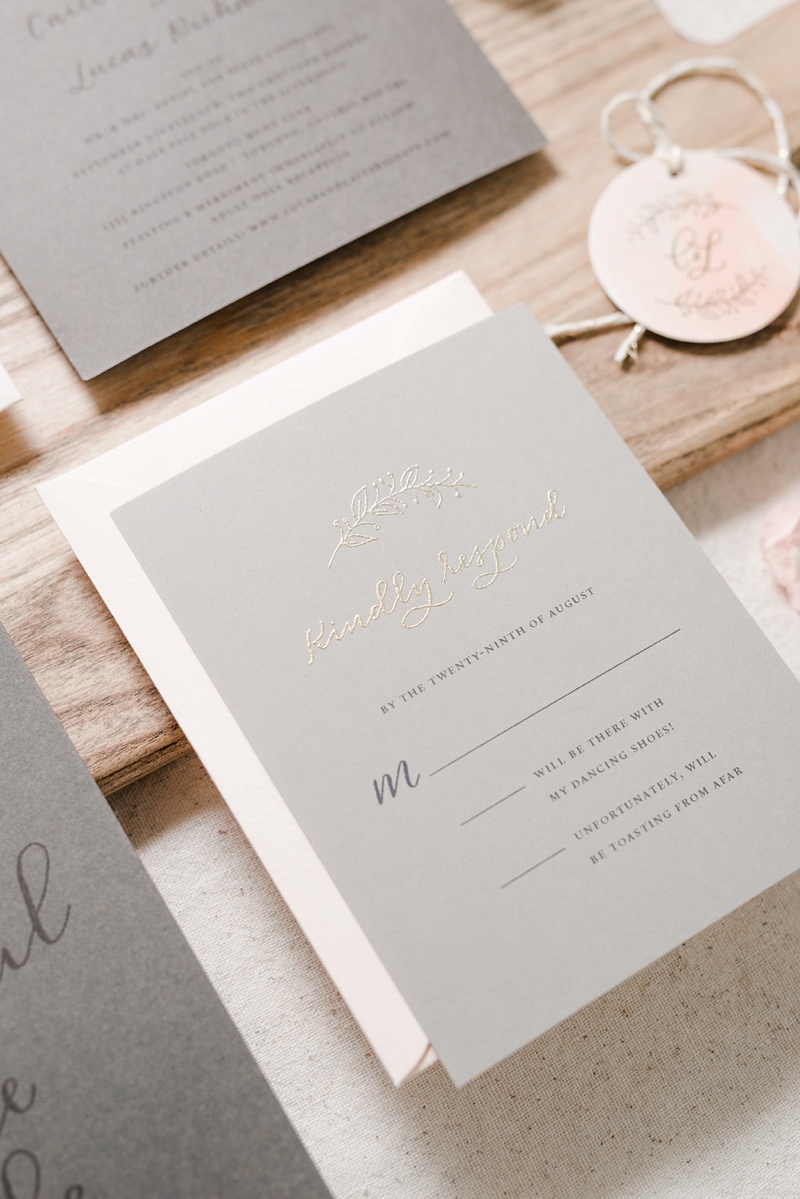 Feminine and romantic wedding invitation suite with blush, grey, neutrals, and gold embossed / custom wedding invites, calligraphy and stationery / outdoor summer wedding at The Toronto Hunt Club, Ontario Canada / by Paper & Honey®, www.paperandhoney.com / http://bit.ly/blog-caitlinlucas
