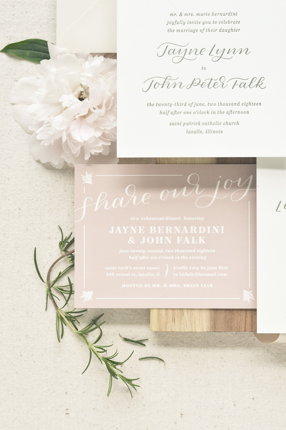 Letterpress blush and sage wedding invitations inspired by Italian rosemary | romantic summer garden wedding at Senica’s Oak Ridge Golf Club, Chicago IL | heirloom wedding stationery suites serving Detroit, Ann Arbor, and Grand Rapids, Michigan | by Paper & Honey, www.paperandhoney.com / #weddinginvites #weddinginspiration #weddingday #letterpress #chicagowedding