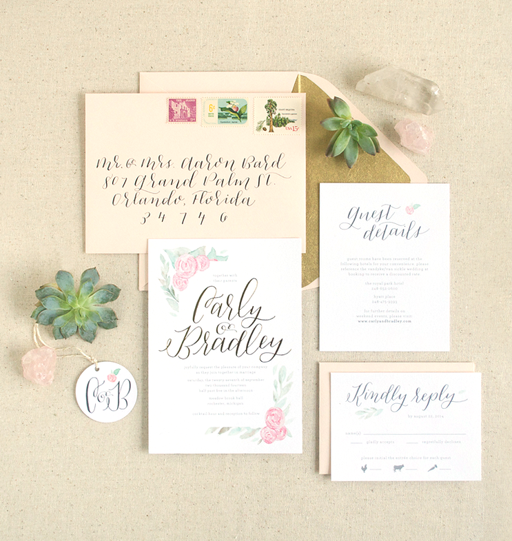 Custom wedding stationery by Paper & Honey / invitation suite featuring gold foil, watercolor florals, and calligraphy on thick cotton paper (www.paperandhoney.com)