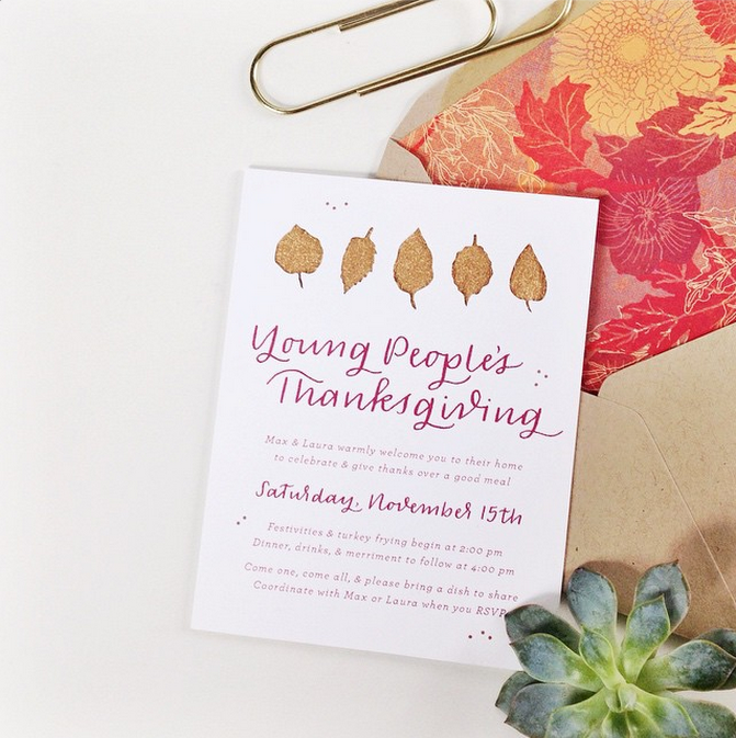 Young People's Thanksgiving invitation with gold foil and modern calligraphy / Paper & Honey (paperandhoney.com)
