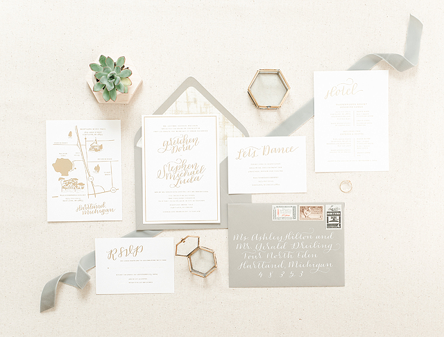 Romantic and simple gold foil wedding invitations by Paper & Honey (www.paperandhoney.com) / heirloom quality wedding stationery suites serving Detroit, Ann Arbor, Grand Rapids Michigan and worldwide / as seen on Oh So Beautiful Paper / photo by Andrea Pesce Photography (www.andreapescephoto.com)