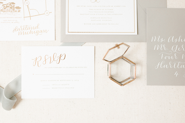 Romantic and simple gold foil wedding invitations by Paper & Honey (www.paperandhoney.com) / heirloom quality wedding stationery suites serving Detroit, Ann Arbor, Grand Rapids Michigan and worldwide / as seen on Oh So Beautiful Paper / photo by Andrea Pesce Photography (www.andreapescephoto.com)