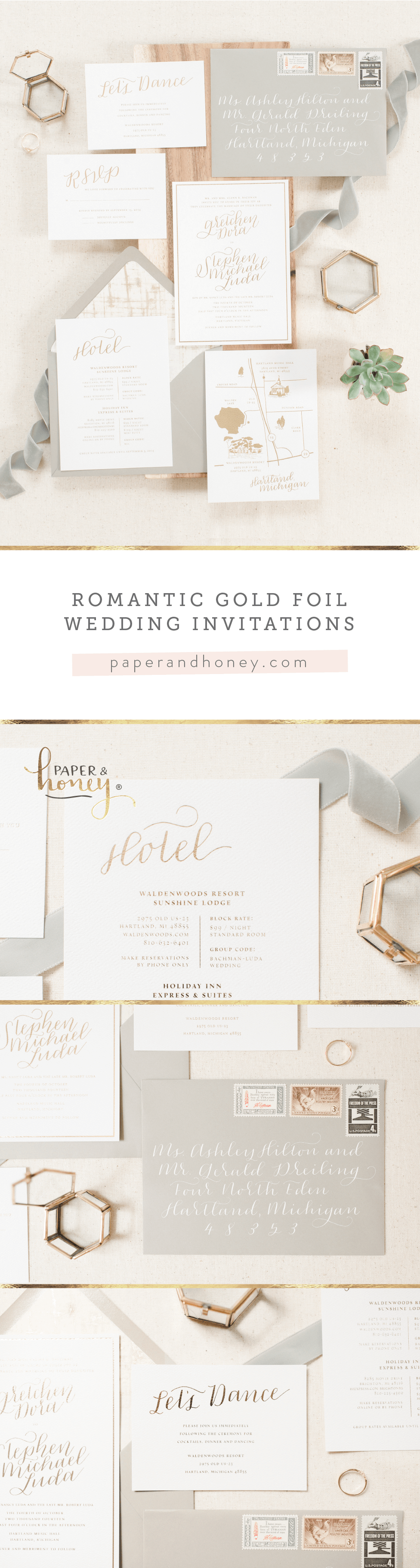 Romantic and simple gold foil wedding invitations by Paper & Honey (www.paperandhoney.com) / heirloom quality wedding stationery suites you'll show your grandchildren / as seen on Oh So Beautiful Paper / photo by Andrea Pesce Photography (www.andreapescephoto.com)