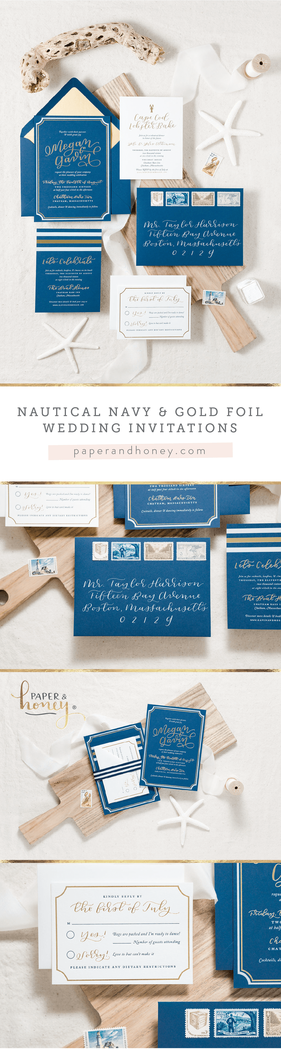 Nautical gold foil and navy wedding invitations for Cape Cod nuptials at Chatham Bars Inn, Massachusetts / custom wedding stationery by Paper & Honey / www.paperandhoney.com