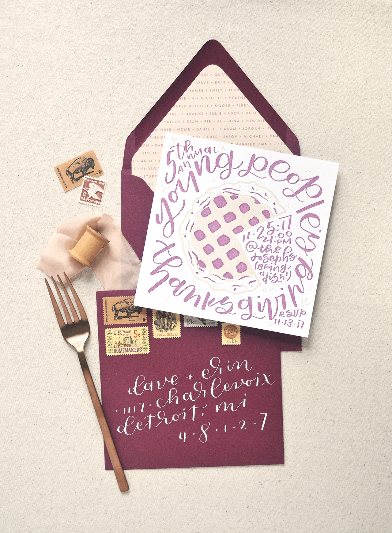 Letterpress Friendsgiving invitations with whimsical playful lettering and envelope calligraphy / Young People's Thanksgiving / by Paper & Honey® paperandhoney.com / heirloom wedding invitations made in Michigan, serving Detroit, Ann Arbor, Grand Rapids, and worldwide