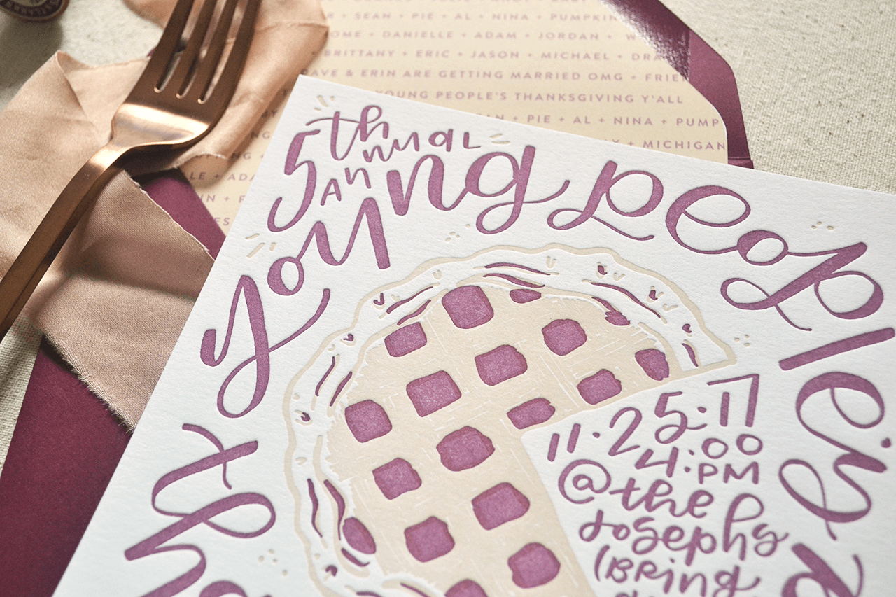 Letterpress Friendsgiving invitations with whimsical playful lettering and envelope calligraphy / Young People's Thanksgiving / by Paper & Honey® paperandhoney.com / heirloom wedding invitations made in Michigan, serving Detroit, Ann Arbor, Grand Rapids, and worldwide