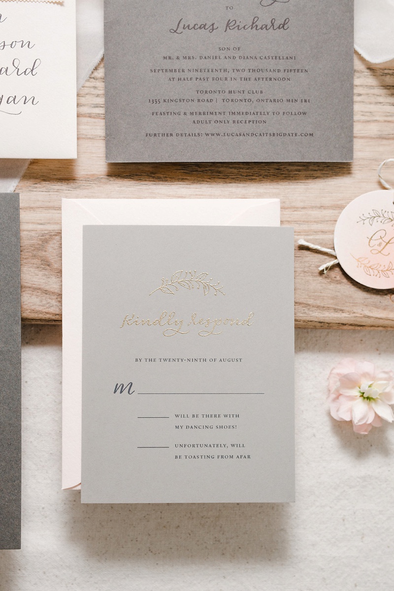 Feminine and romantic wedding invitation suite with blush, grey, neutrals, and gold embossed / custom wedding invites, calligraphy and stationery / outdoor summer wedding at The Toronto Hunt Club, Ontario Canada / by Paper & Honey®, www.paperandhoney.com / http://bit.ly/blog-caitlinlucas